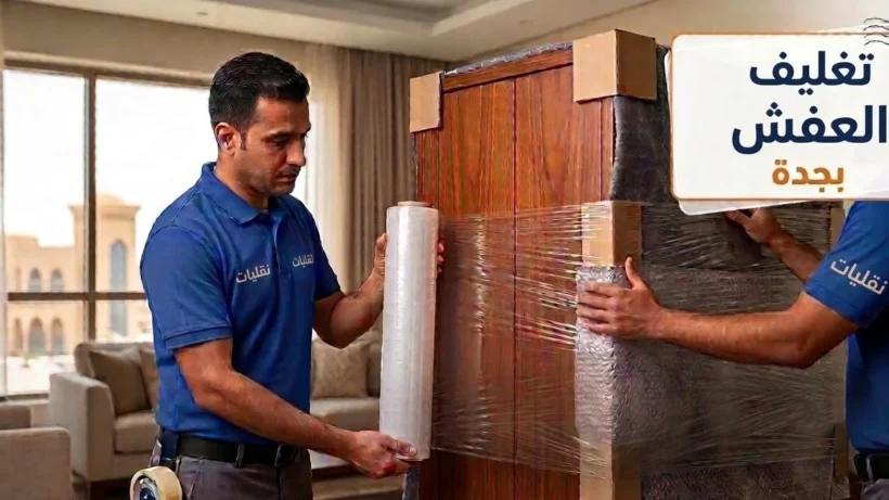 عمال شركة نقليات يقومون بتغليف العفش بجدة لحمايته من الرطوبة