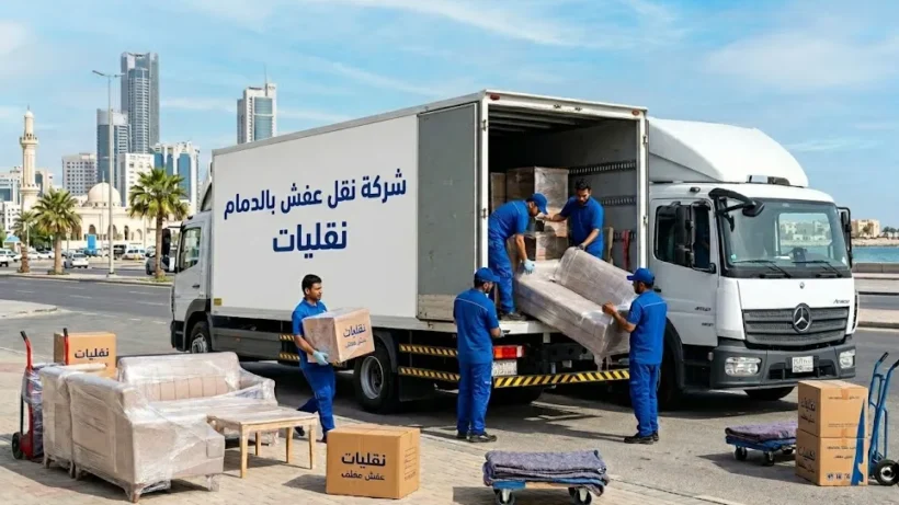 سيارة شركة نقل عفش بالدمام تابعة لنقليات أثناء تحميل الأثاث