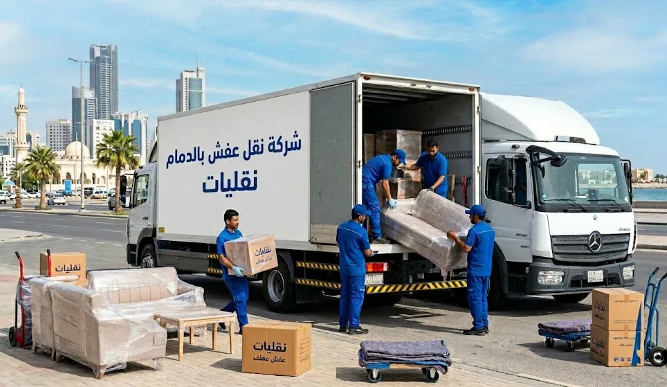 سيارة شركة نقل عفش بالدمام تابعة لنقليات أثناء تحميل الأثاث