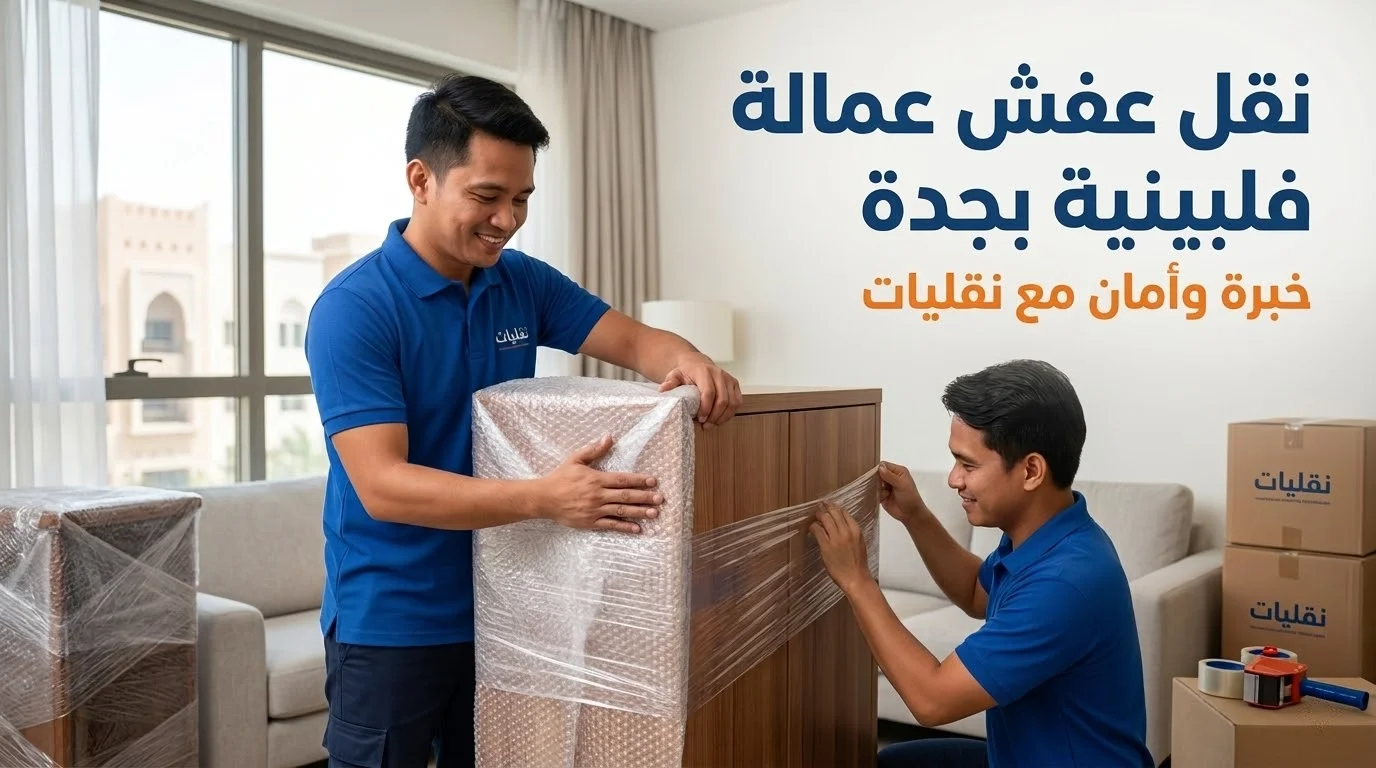 نقل عفش عمالة فلبينية بجدة محترفة من شركة نقليات يغلفون قطعة أثاث خشبية لحمايتها أثناء النقل